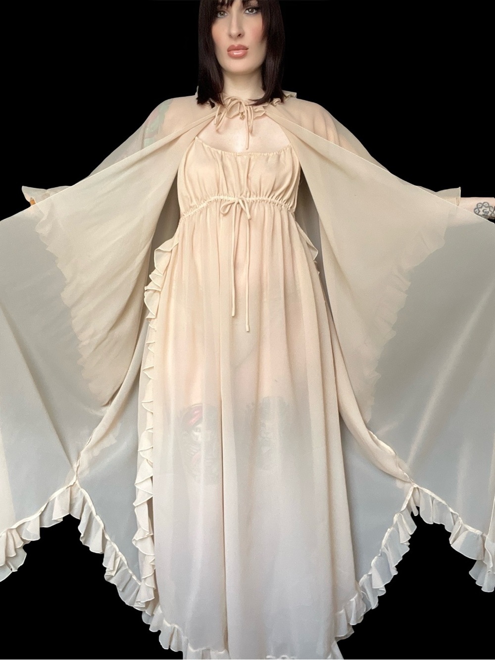 Vintage CHLOE 1970 Ivory Pink Chiffon Ruffled Slip Dress Peignoir Karl Lagerfeld